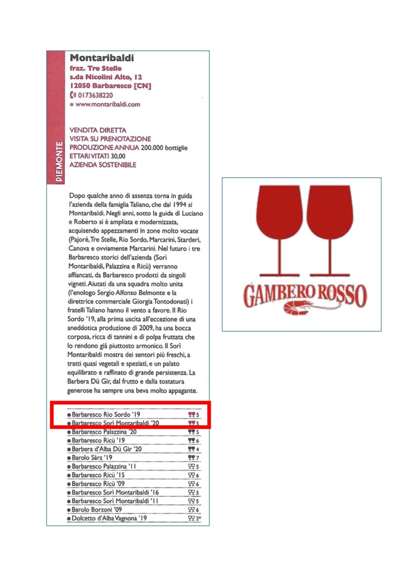 BARBARESCO DOCG SORI' MONTARIBALDI 2020 - Gambero Rosso 2024 Two Red Glasses - Barbaresco Sorì Montaribaldi 2020