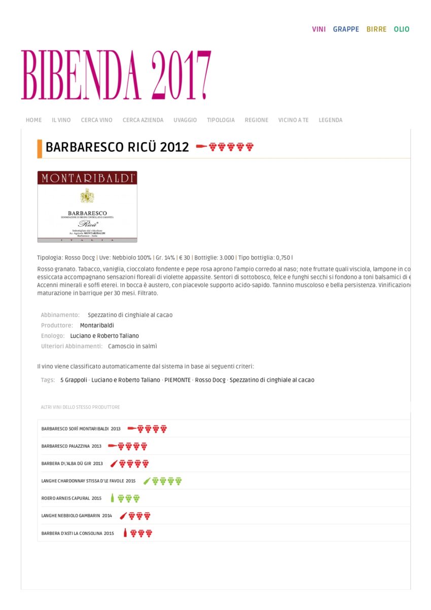 BARBARESCO DOCG RICU 2012 - BIBENDA 2017 - BARBARESCO RICU 2012 5 GRAPES