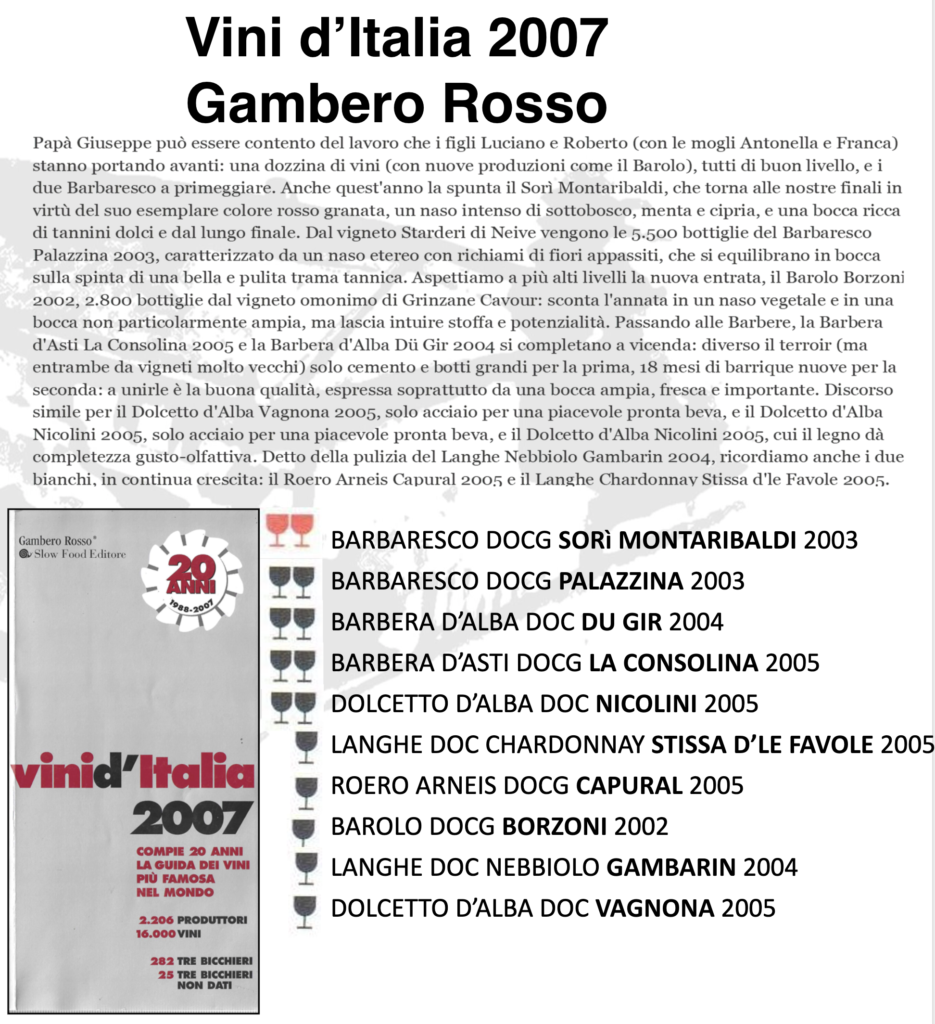 Gambero Rosso 2007 Due Bicchieri Rossi – Barbaresco DOCG Sori’ Montaribaldi 2003