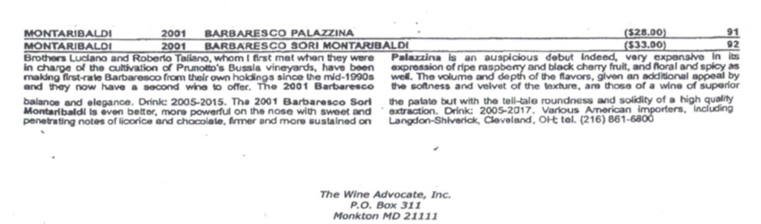 BARBARESCO DOCG PALAZZINA 2001 - Robert Parker The Wine Advocate 2004 91/100 - Barbaresco DOCG Palazzina 2001