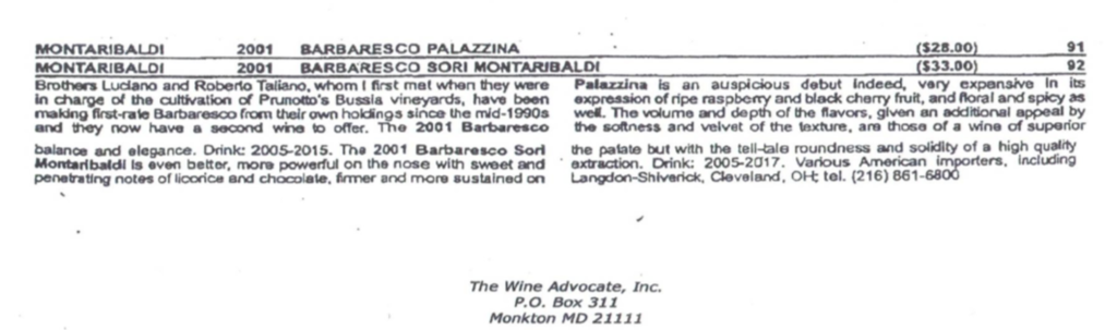 Robert Parker 2004 92/100 Punti – Barbaresco DOCG Sori’ Montaribaldi 2001