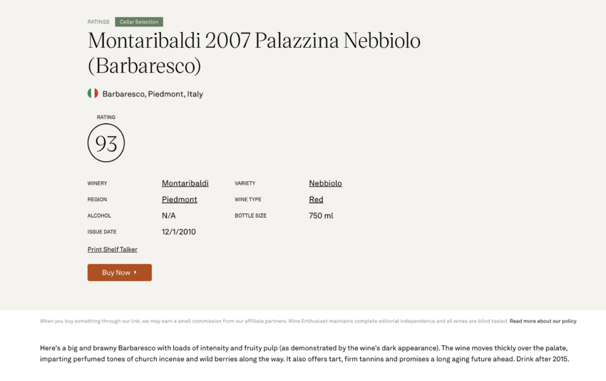 BARBARESCO DOCG PALAZZINA 2007 - Wine Enthusiast 93/100 - Barbaresco DOCG Palazzina 2007