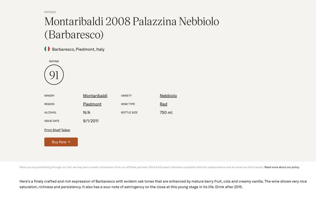 Wine Enthusiast 91 Points – Barbaresco DOCG Palazzina 2008