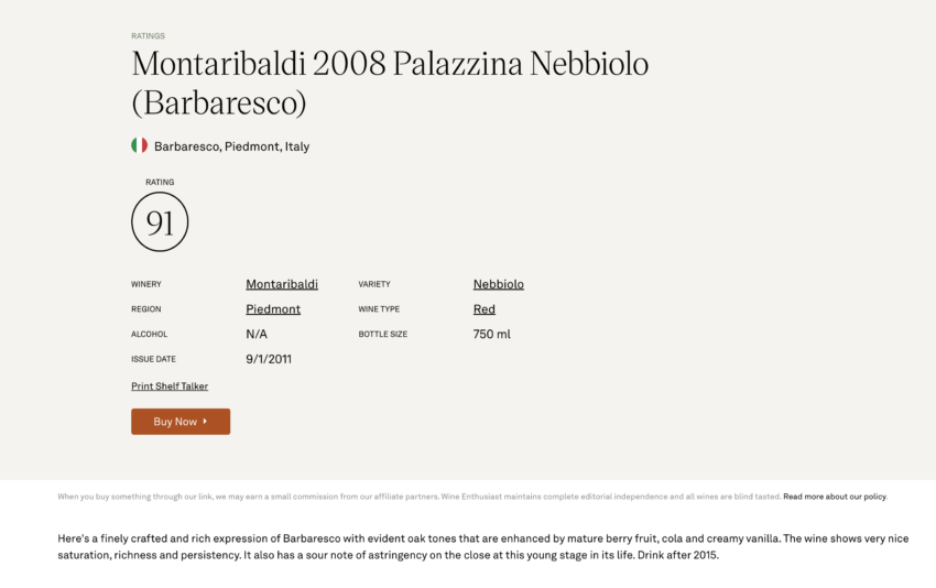 BARBARESCO DOCG PALAZZINA 2008 - Wine Enthusiast 91/100 - Barbaresco DOCG Palazzina 2008