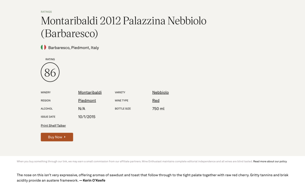 Wine Enthusiast 86 Points – Barbaresco DOCG Palazzina 2012