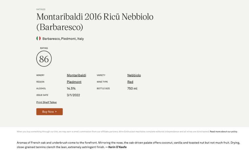 BARBARESCO DOCG RICU 2016 - Wine Enthusiast 86/100 - Barbaresco DOCG Ricu 2016