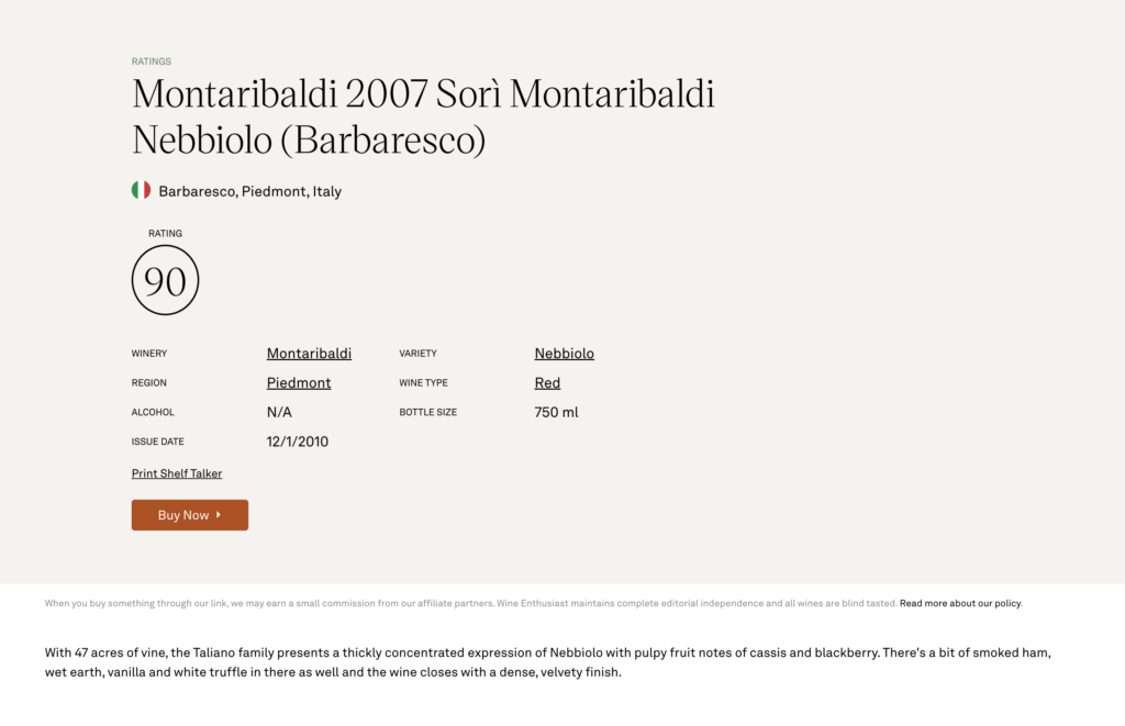 Wine Enthusiast 90 Punti – Barbaresco DOCG Sori’ Montaribaldi 2007