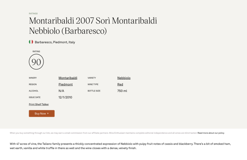 BARBARESCO DOCG SORI' MONTARIBALDI 2007 - Wine Enthusiast 90/100 - Barbaresco DOCG Sori' Montaribaldi 2007