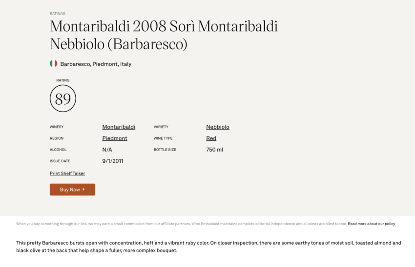 BARBARESCO DOCG SORI' MONTARIBALDI 2008 - Wine Enthusiast 89/100 - Barbaresco DOCG Sori' Montaribaldi 2008