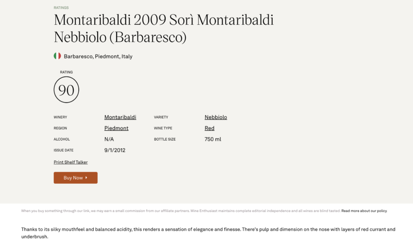 BARBARESCO DOCG SORI' MONTARIBALDI 2009 - Wine Enthusiast 90/100 - Barbaresco DOCG Sori' Montaribaldi 2009