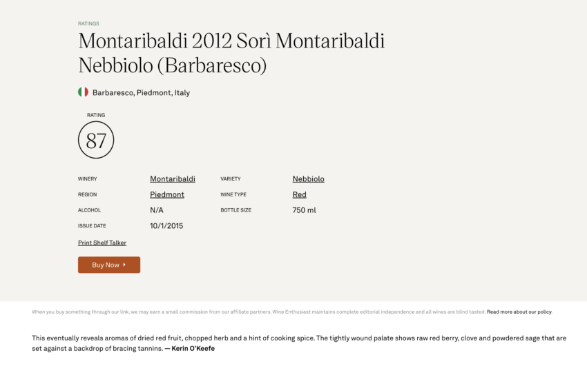 BARBARESCO DOCG SORI' MONTARIBALDI 2012 - Wine Enthusiast 87/100 - Barbaresco DOCG Sori' Montaribaldi 2012