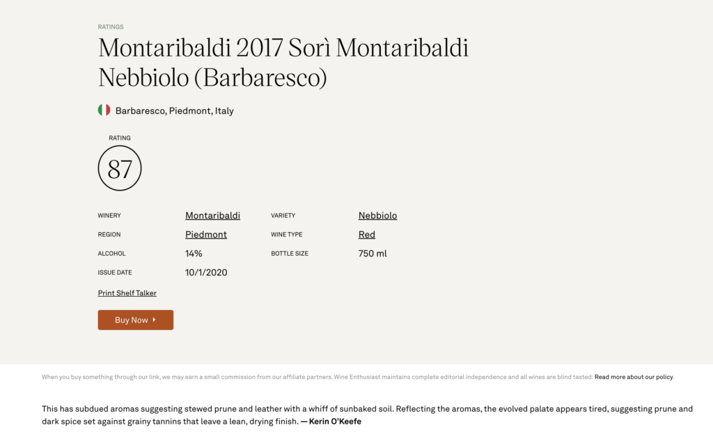 Wine Enthusiast 87 Punti – Barbaresco DOCG Sori’ Montaribaldi 2017