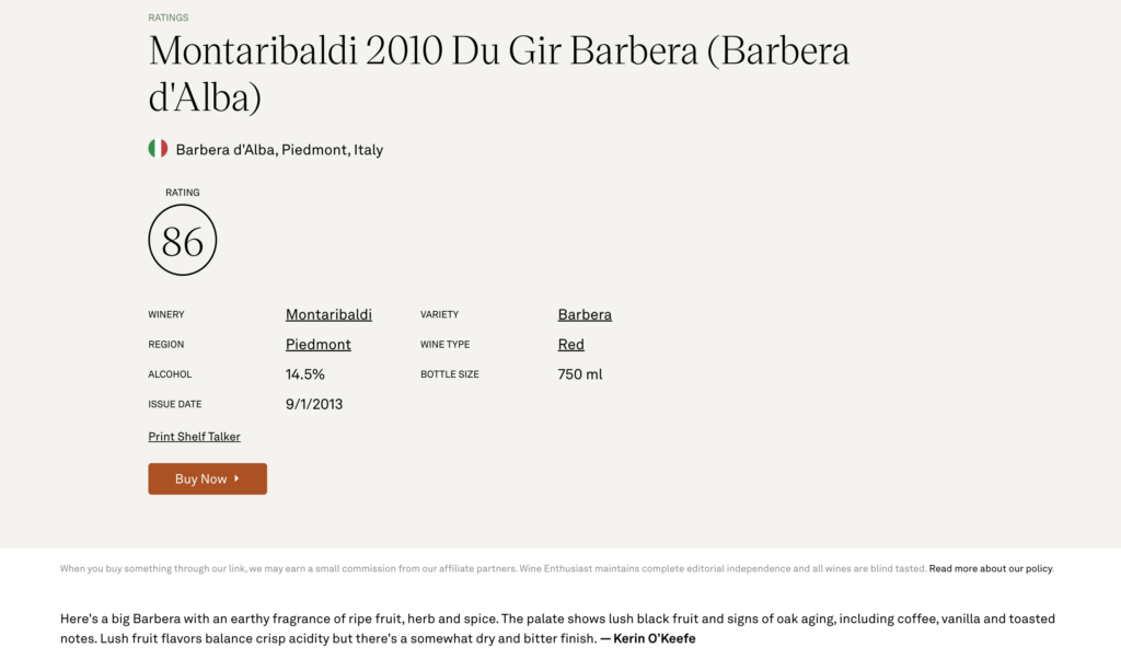 Wine Enthusiast 86 Points – Barbera D’alba DOC Du Gir 2010