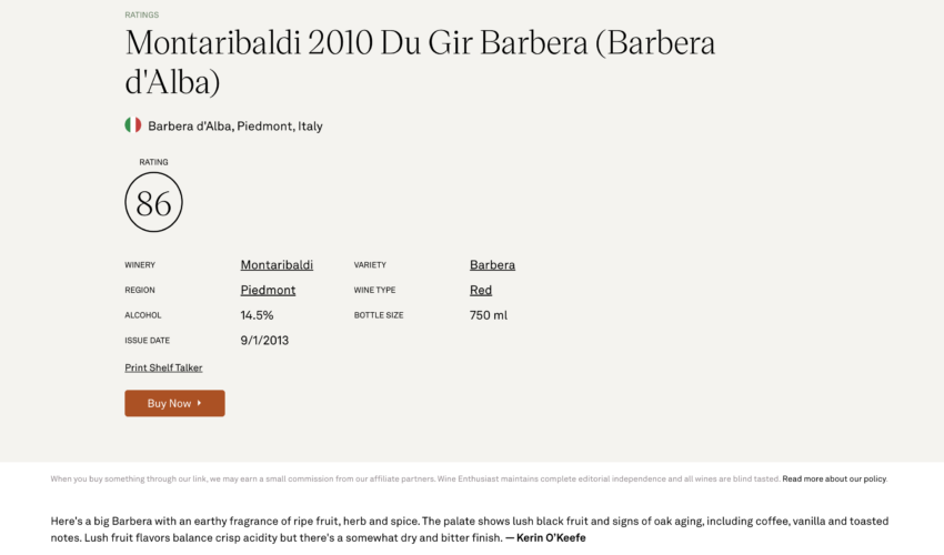 BARBERA D'ALBA DOC DU GIR 2010 - Wine Enthusiast 86/100 - Barbera D'alba DOC Du Gir 2010