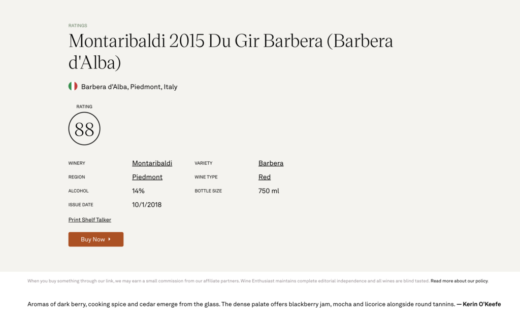 Wine Enthusiast 88 Points – Barbera D’alba DOC Du Gir 2015
