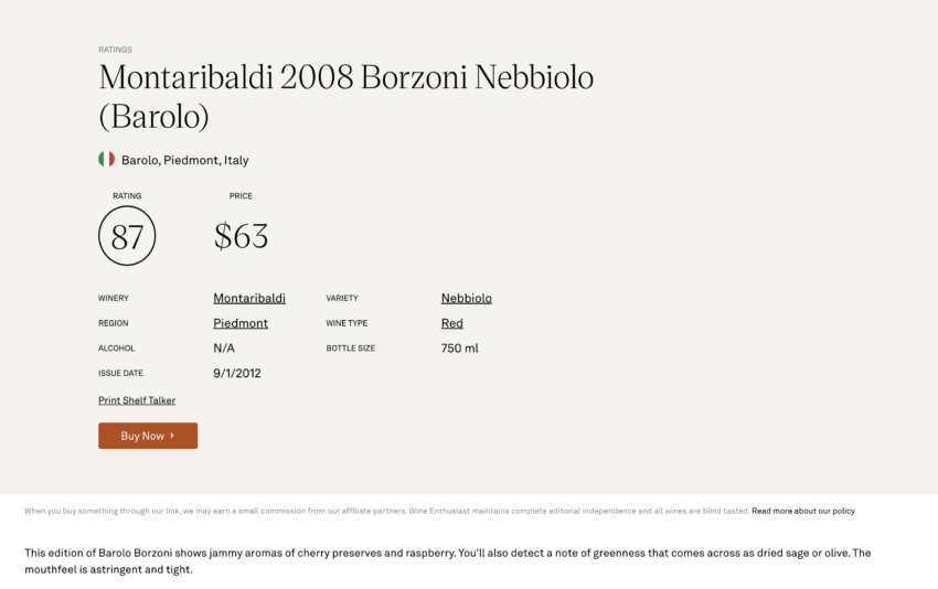 BAROLO DOCG SARZ 2008 - Wine Enthusiast 87/100 - Barolo DOCG Sarz 2008