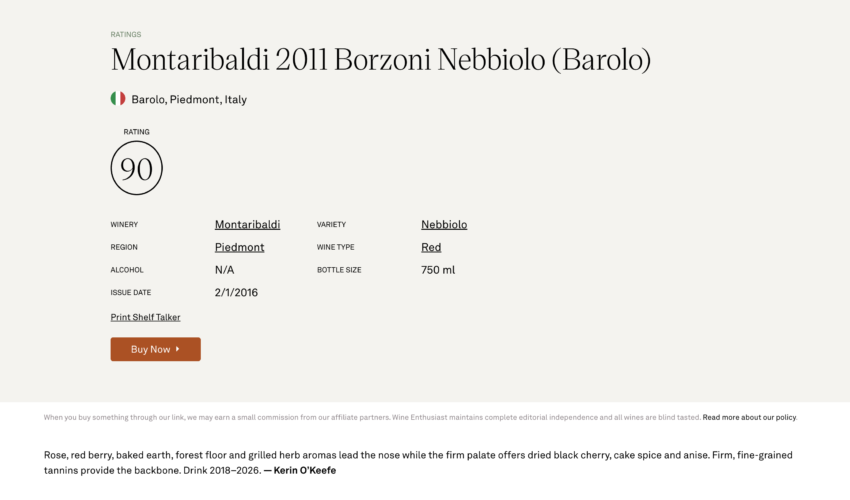 BAROLO DOCG SARZ 2011 - Wine Enthusiast 90/100 - Barolo DOCG Sarz 2011